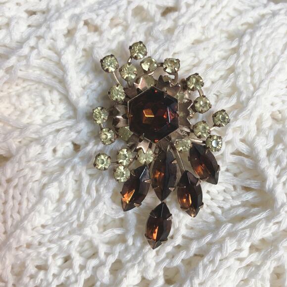 Vintage Jewelry Signed Cathe Brown & Light Green Rhinestone Brooch Pin - Picture 2 of 9